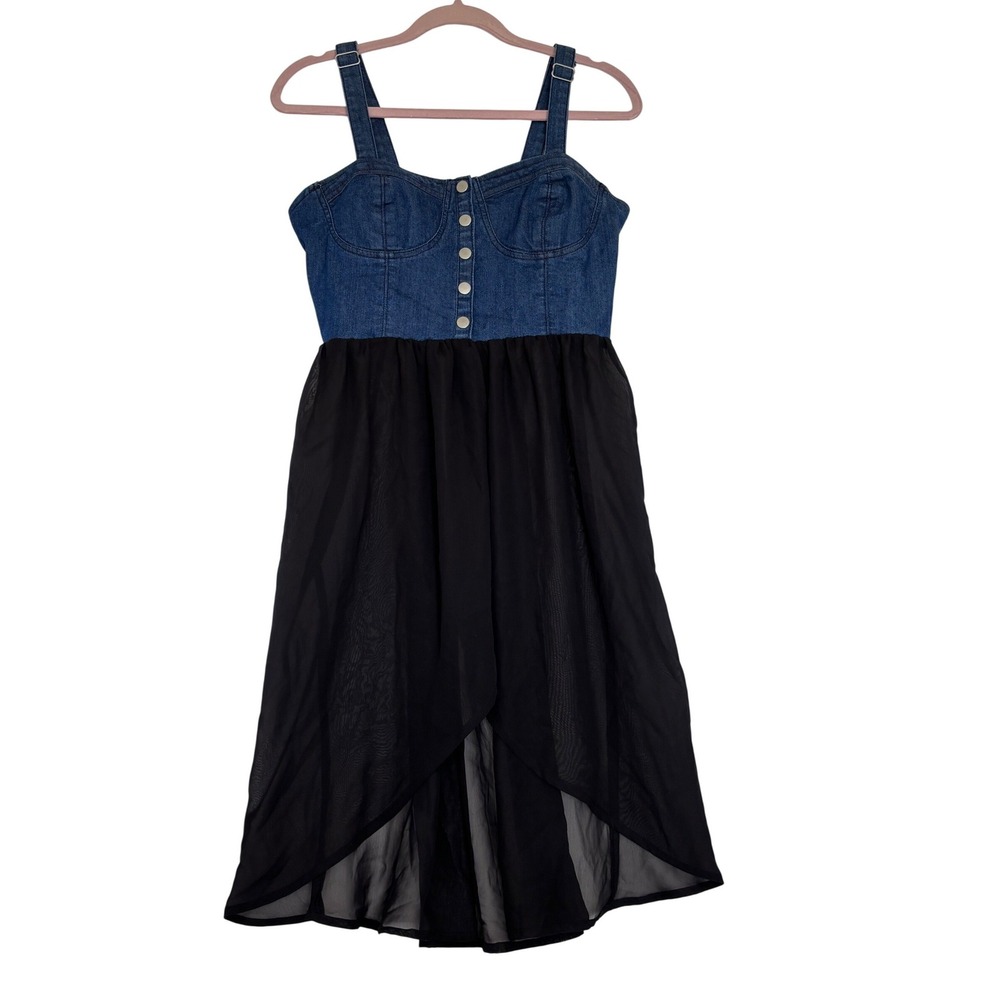 Forever 21 Denim Chiffon High Low Dress Large Smocked Back Camisole Festive